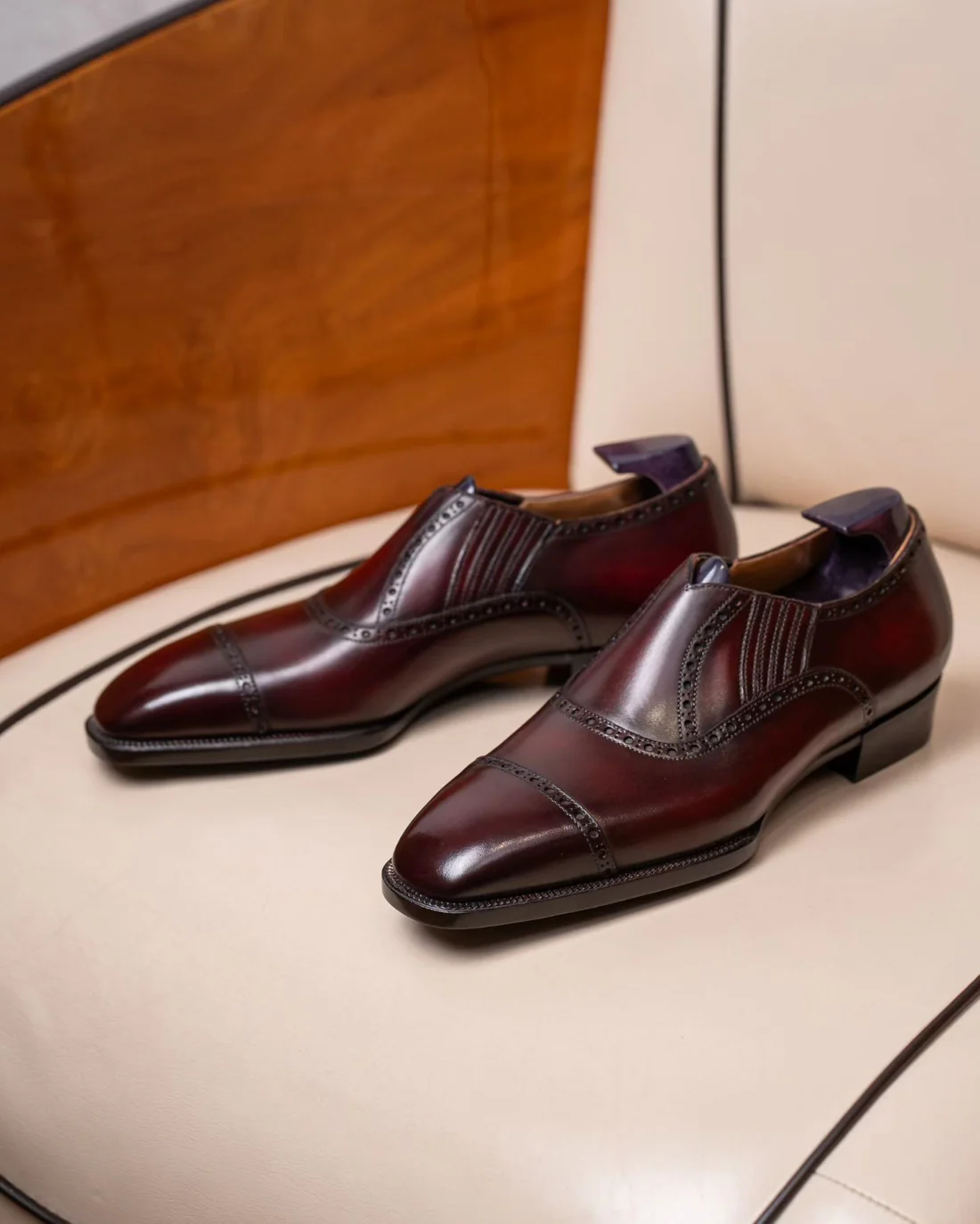 Burgundy Leather Slip-Ons | Effortless Fit with Elastic Comfort