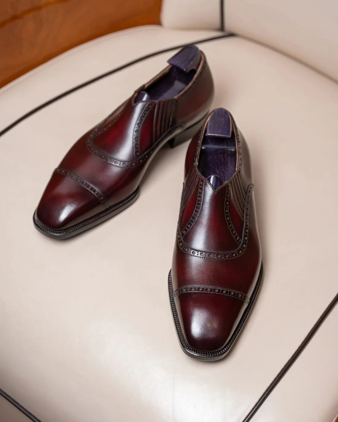 Burgundy Leather Slip-Ons | Effortless Fit with Elastic Comfort